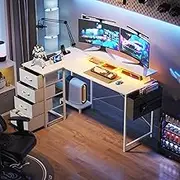 Ufurniture 160cm L-Shaped Gaming Desk with RGB LED Lights & Power Outlets, Reversible Corner Desk with Storage Drawers Writing Workstation with Monitor Stand for Home Office
