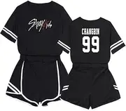 [Kelukes] Fashion Women's Short + Hot Pants Set Jisung Hyunjin Minho New Album Merch Support Crop Top Two Piece Set, Style-8, XX-Large