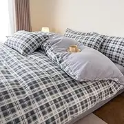 Geometric Theme Duvet Cover Dark Blue Plaid Print Bedding Set Queen Soft Comfy Gray Lining Comforter Cover Bedroom Decor Quilt Cover Set for Kids Teen Boys Girls,Queen(210x210cm)