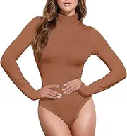 [Caihoyu] Terracotta Solid Color Pure Plain long sleeve Sexy Body Suits Women Shapewear Top Going Out Tops for Women Mock Turtle Neck, Color 3