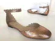$590 Chloe Lauren Scalloped Ballerina Ankle Strap Ballet Flat Shoes Pink Gold 34
