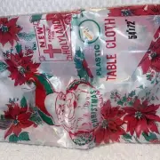 Vintage "New From the Holyland" Plastic Christmas Table Cloth, 54" x 72"