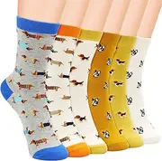 [VEGCOO] 6 Pairs Dog Socks Women 4-7, Cute Colorful Sausage Dog Socks Funky Fun Socks for Women Girl Daily Life Gifts, Multicolour, One size