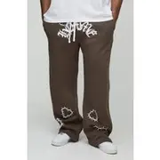 Mens Brown Plus Relaxed Double Waistband Heart Print Joggers
