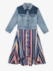DESIGUAL Ruffle Dress 36 US 2 Patchwork Denim Jacket Flare Stripe Metallic Skirt
