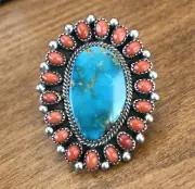 Sterling Silver CORAL Cluster and Huge TURQUOISE Cabochon RING size 10