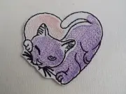 Purple Cat Pink Heart 2-3/4" Embroidery Iron-on Patch (E15)
