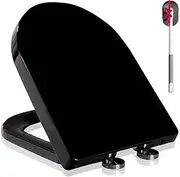 Toilet Seat, Black Toilet Seat with Slow Soft Close Stable Hinges, U-Shaped Toilet Lid with Toilet Brush, One-Button Quick Release, for Family Bathroom and Washroom