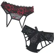 [Xelue FF] 2 Pack Open Butt Panties Sexy Open Crotch Lace Embroidery Sheer Mesh Low Rise Underwear Bow-Tie Briefs Lingerie Black, Black, One Size