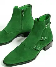 Premium Quality Men's Green Suede Triple Buckle Monk Strap Ankle Boots
