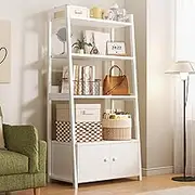 4Tier Bookshelf with Drawer, Tall Narrow Bookcase with Shelves, Wood and Metal Book Shelf Storage Organizer, Modern Display Standing Shelf Unit for Bedroom, Living Room, Office