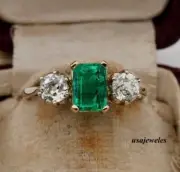 Emerald Cut 2.25CT Genuine Emerald 14K Yellow Gold Over Three-Stone Jewelry Ring