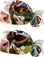 [YTYVAGT] 2-Pc,Nurse Scrub Caps,Scrub Hats with Buttons and Cotton Sweatband,Animal Cow Landscape Pattern