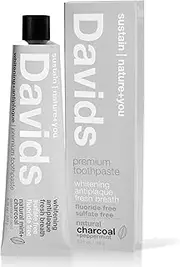 Davids Natural Charcoal Toothpaste, Peppermint, Whitening, Antiplaque, Fluoride Free, SLS Free, 160ml, Metal Tube, Tube Roller Included