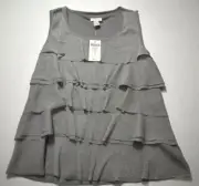 Chico's Women Gray Sleeveless Scoop Neck Stretch Sparkle Ruffles Mesh Tank Top 1