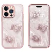 For iPhone 14 Pro Max Stylish Rose Pattern Phone Case Tempered Glass+TPU Shockproof Cover
