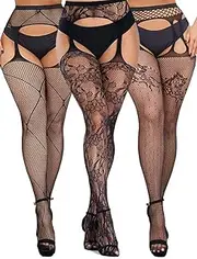 [Florry] Womens Fishnet Tights Thigh-high Stockings Lace Patterned Sexy Pantyhose Suspender for Women