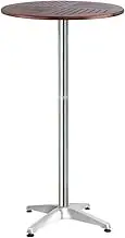 Aluminium Pole Outdoor Round Bar Table, Adjustable Height Foldable Wooden Tabletop Cafe Table for Bistros, Cafes, Pool Side, Balcony, Patio, Small Breakfast Dining Table for Apartment