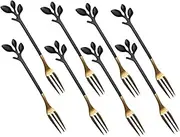 ZUNOXAZ 8Pcs Black Gold Leaf Forks Stainless Steel Appetizer Dessert Forks for Fruits Cakes Snacks and Salads for Parties and Daily Use