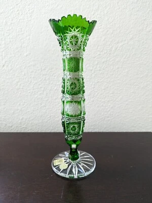 Vintage 8" CAESAR CRYSTAL Bohemiae Czech Green bud Vase Hand Cut