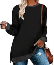 [WELINCO] Womens Crewneck Pullovers Color Block Long Sleeve Side Split Tunic Tops