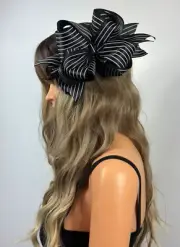 JUMBO Big Black & White Striped Lady Girl Large Clip Boutique Hair Bow Ribbon