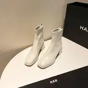 Square-Toe Chunky Heel Short Boots Off-White - 39