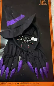 WITCH ACCESSORY SET HAT/HEADBAND, SPIDER BAND, GLOVES SHIMMERING PURPLE NAILS