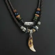 Men Weaved Leather Necklace Vintage Wolf Tooth Pendant Beaded Prayer Necklaces