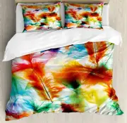Colorful Duvet Cover Set with Pillow Shams Puffy Dreamy Feathers Print