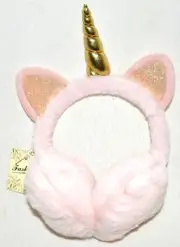 Unicorn Earmuff Kids Soft Fuzzy Plush Light Pink w/ Gold Horn & Pink Ears