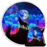 Full Moon Night Wolf Pack Round Beach Towel
