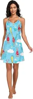 [RPLIFE] Whimsical Giraffe Red Blue Slip Nightgowns for Women, V Neck Sleeveless Night Shirts for Women, S-XXL