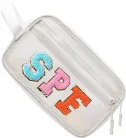 COSHASYOO Clear Makeup Bags with Strap Preppy Chenille Letter Patch Cosmetic Zipper Pouch, Small Cute Travel Toiletry Make Up Gifts Storage Purse Organizer for Women Teens Girls, White-SPF, small,