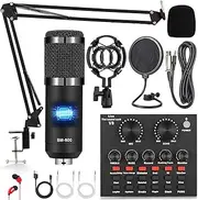 Condenser Microphone Bundle, ALPOWL BM-800 Mic Kit with Live Sound Card, Adjustable Mic Suspension Scissor Arm, Metal Shock Mount and Double-Layer Pop Filter for Studio Recording & Broadcasting(Black)