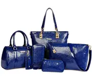 6 Pieces Leather Handbag Set Tote Shoulder Bag Clutch Purse Coin Wallet (Blue)