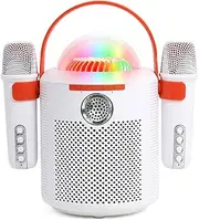 AURTEC Bluetooth Karaoke Machine with Two Wireless Microphones, Portable Design with Large Battery, RGB Light Effects & Voice Changer, Bluetooth 5.0 Powerful Speaker, AUX and TF Card Input, White