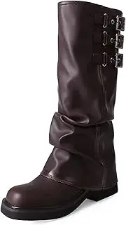 [CAGLGLZ] Slouchy Boots for Women Fold Over Motorcycle Riding Boots With Buckle Women's Wide Mid Calf Boots Casual Comfortable Moto Biker Boots