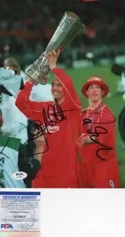 LIVERPOOL 2001 UEFA CUP WIN PHOTO SIGN BY ROBBIE FOWLER & GARY MCALLISTER PSA