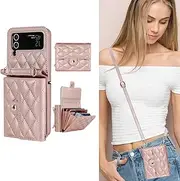 [ELEPIK] for Samsung Flip 4 Case, Adjustable Crossbody Wallet, [4 Accordion Card Holder], [RFID Blocking], [Durable PU Leather] Chic Woman Phone Cover for Samsung Galaxy Z Flip 4 5G, Rose Gold