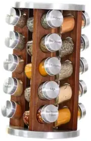 20 Jar Dark Acacia Wood Spice Rack with Spices Included - Rotating Tower
