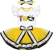 IBTOM CASTLE Baby Girls First Birthday Outfit Bee Romper Tutu Skirt Bowknot Headband Cake Smash Photoshoot Clothes