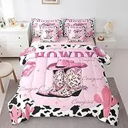 Castle Fairy Pink Cowgirl Bed in a Bag Comforter Set,Milk Cow Print Twin Size 7 Pieces for Kids Teens,Modern Leopard Cowboy Boots Bedding Set with Comforter, Sheet Set, Pillowcases, Pillow Covers