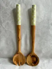 Mackenzie Childs PARCHMENT CHECK Enamel/Olivewood SALAD SERVING SET NEW m20-m