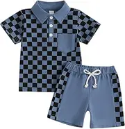 [Karuedoo] Toddler Baby Boy Summer Outfits Checkered Button Down Short Sleeve Pocket Collared Shirt and Shorts 2Pcs Clothes Set