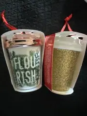 2 Starbucks Ceramic Christmas Ornaments To Go Coffee Cup Glitter Gold Greenery