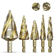 Four Spiral Flute Step Drill Bit Set, 5PCS 1/8"-1-3/8" HSS Unibit Step Bits w...