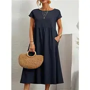 Women's ArmyGreen Black White Summer Spring Midi Dress Cotton Linen Dresses Casual Dress Cotton Summer Dress Basic Classic Casual Outdoor Daily Loose Fit Plain