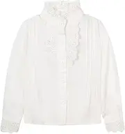 [Mud Kingdom] Little Girls Lace Blouse Ruffle Trim White Shirt Cotton Long Sleeve Button Up