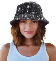 Womens Sequin Bucket Hat Beach Sun Hats for Party, Girls Teens Medium Black